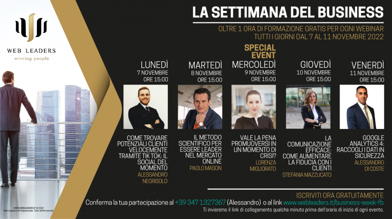 La settimana del business dal 7 al 11 novembre, webinar gratuiti sul web marketing